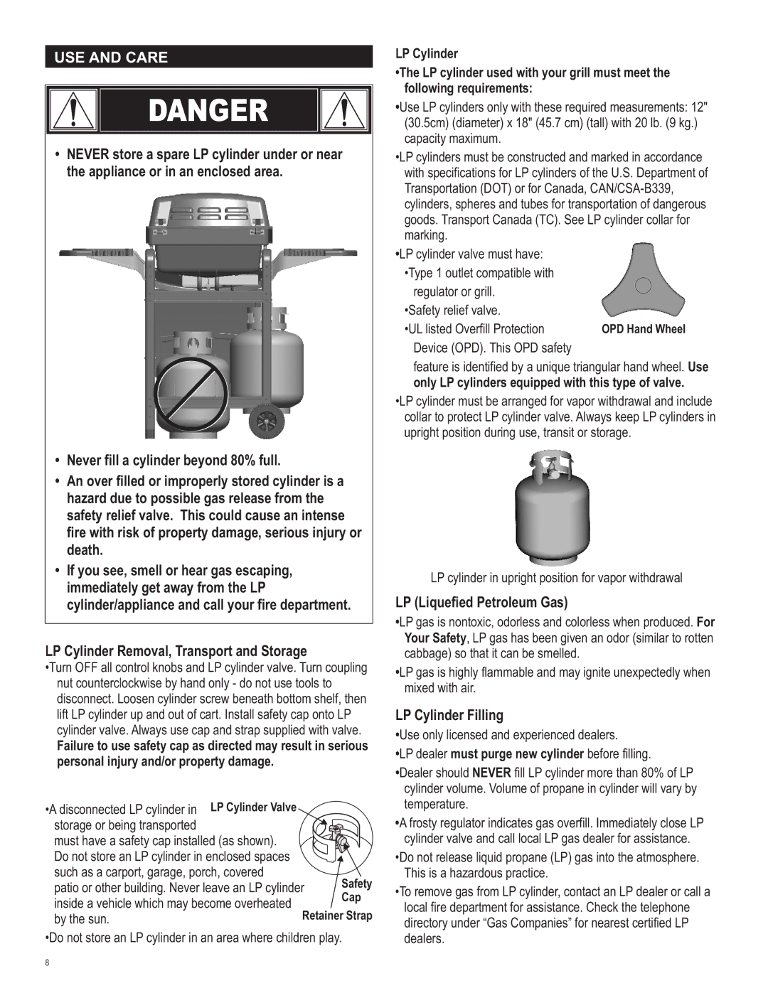 Char-Broil 463621611 manual USE and Care, LP Liquefied Petroleum Gas, LP Cylinder Filling 