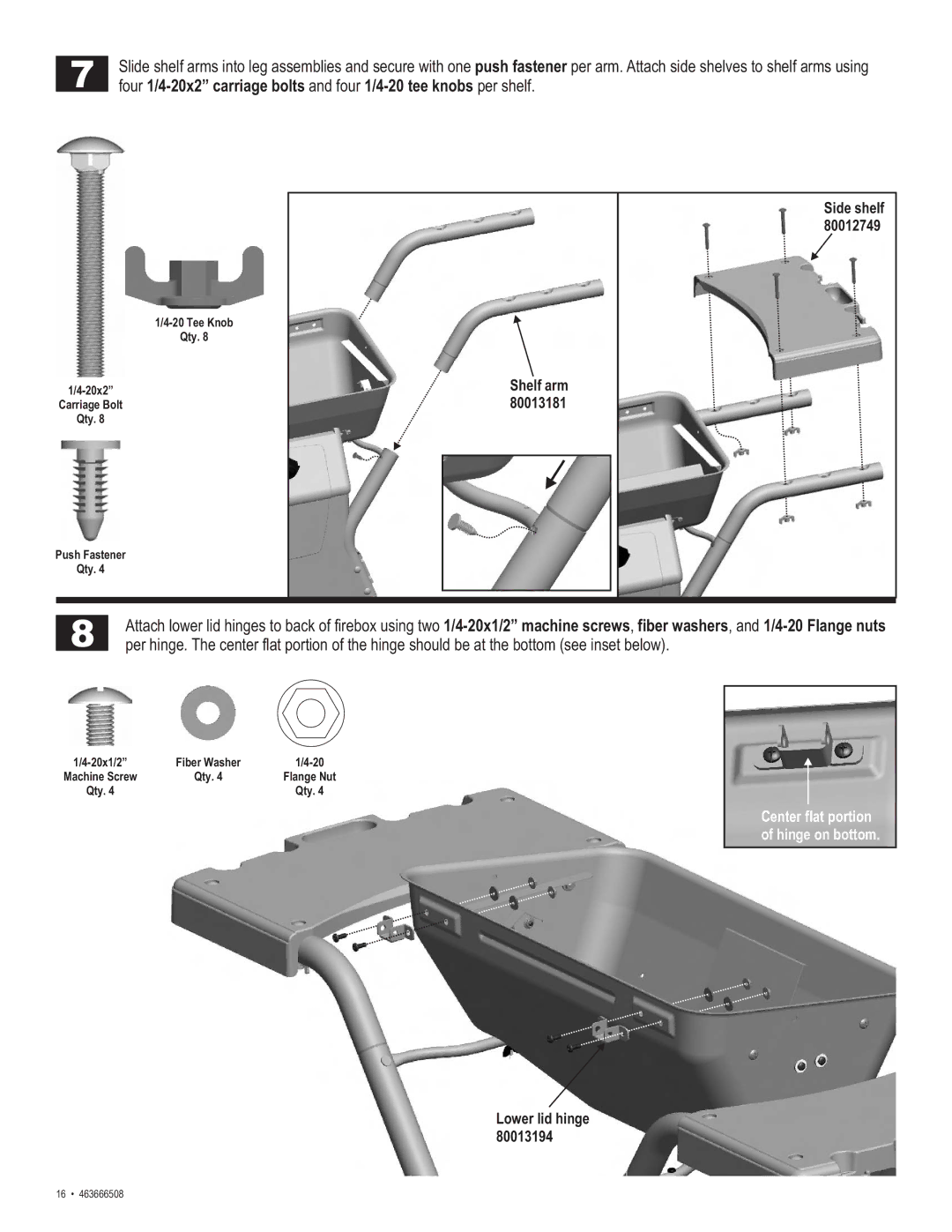 Char-Broil 463666508 manual Center flat portion Hinge on bottom 