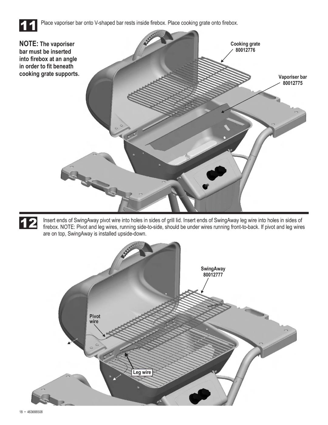 Char-Broil 463666508 manual Cooking grate 80012776 Vaporiser bar 80012775 