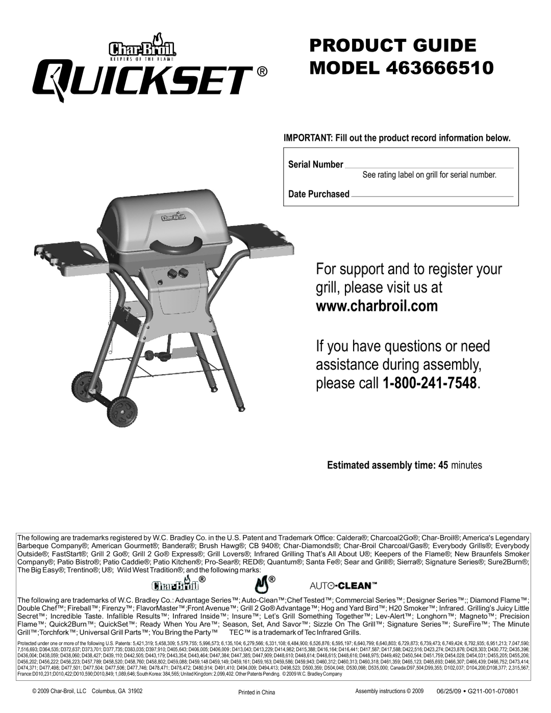 Char-Broil 463666510 manual Estimated assembly time 45 minutes, Date Purchased 