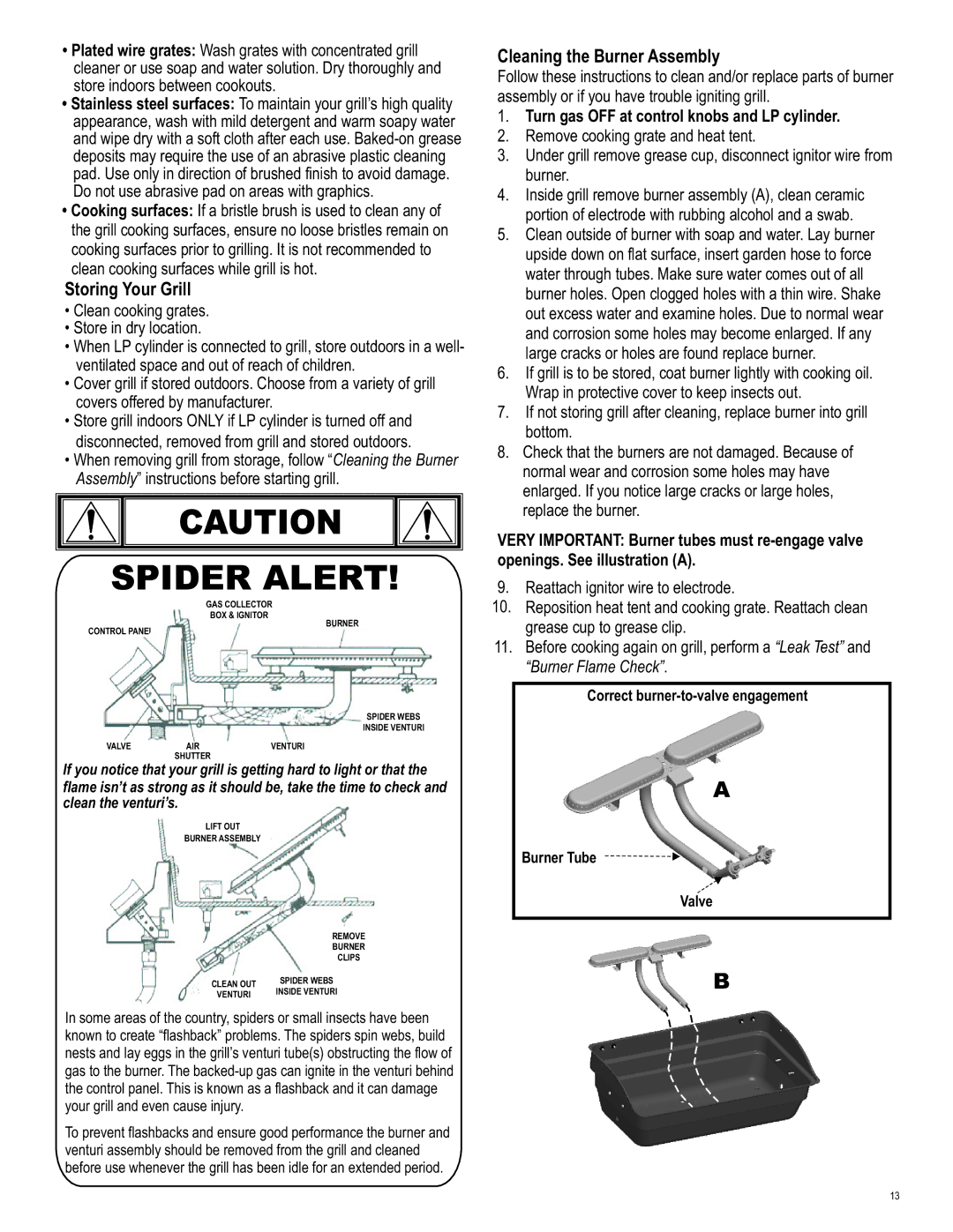 Char-Broil 463666510 manual Storing Your Grill, Cleaning the Burner Assembly, Turn gas OFF at control knobs and LP cylinder 