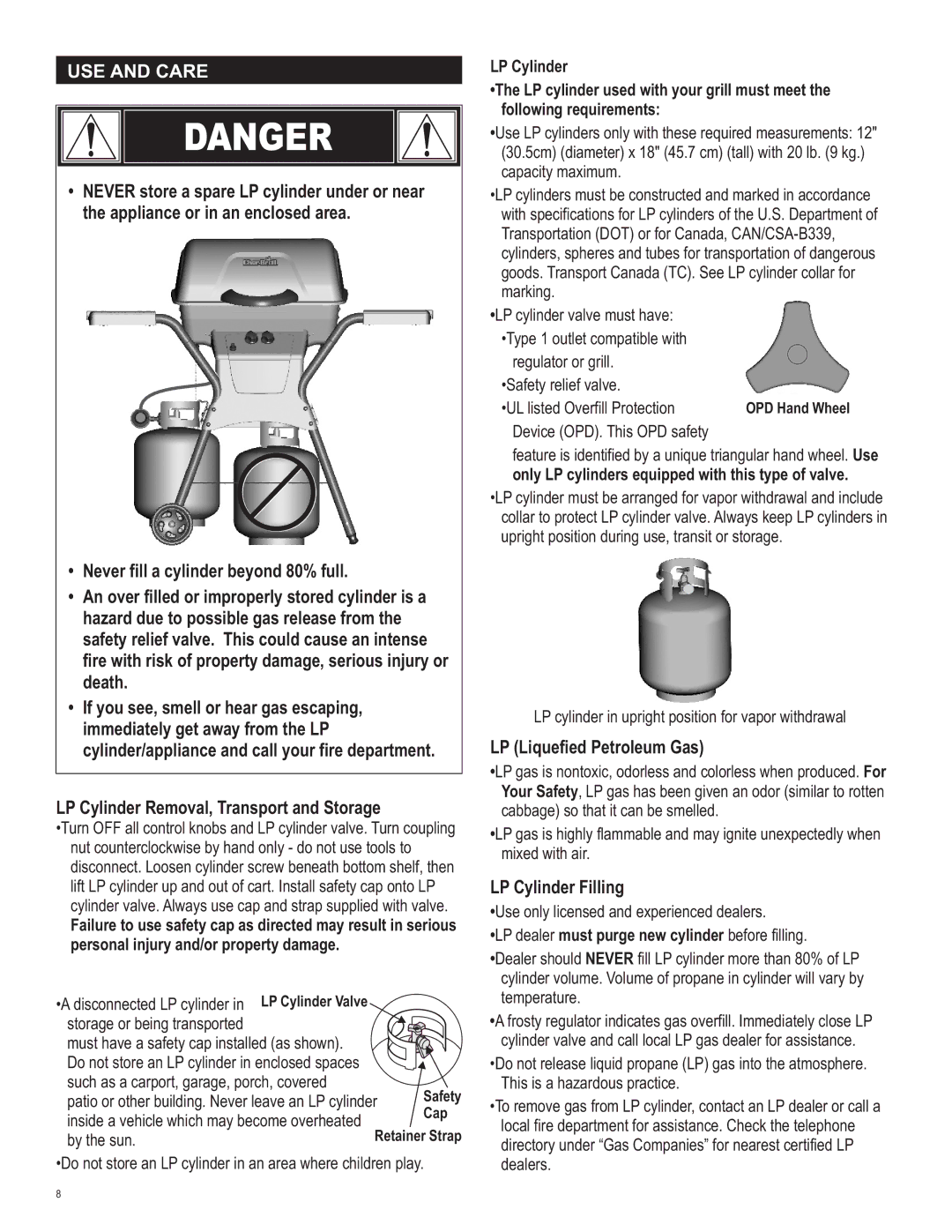 Char-Broil 463666510 manual USE and Care, LP Liquefied Petroleum Gas, LP Cylinder Filling 