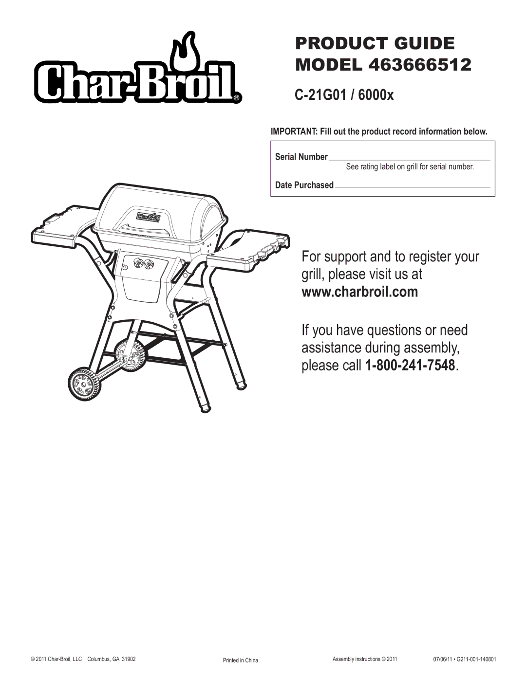 Char-Broil 463666512 manual Product Guide, Date Purchased 