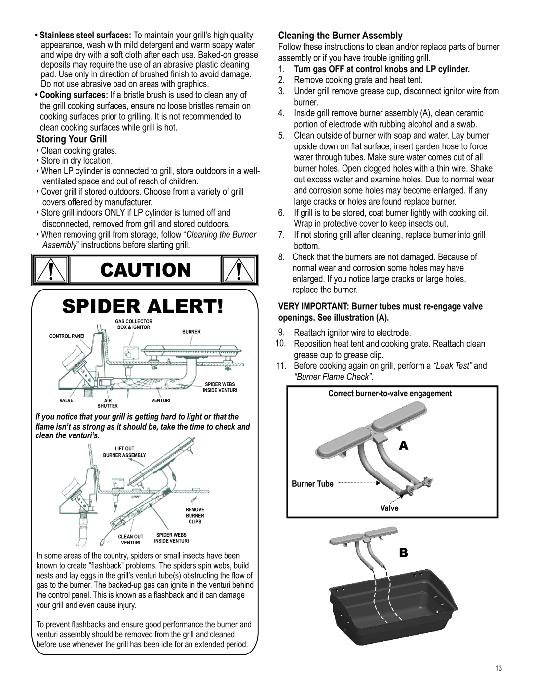 Char-Broil 463666512 manual Storing Your Grill, Cleaning the Burner Assembly, Turn gas OFF at control knobs and LP cylinder 