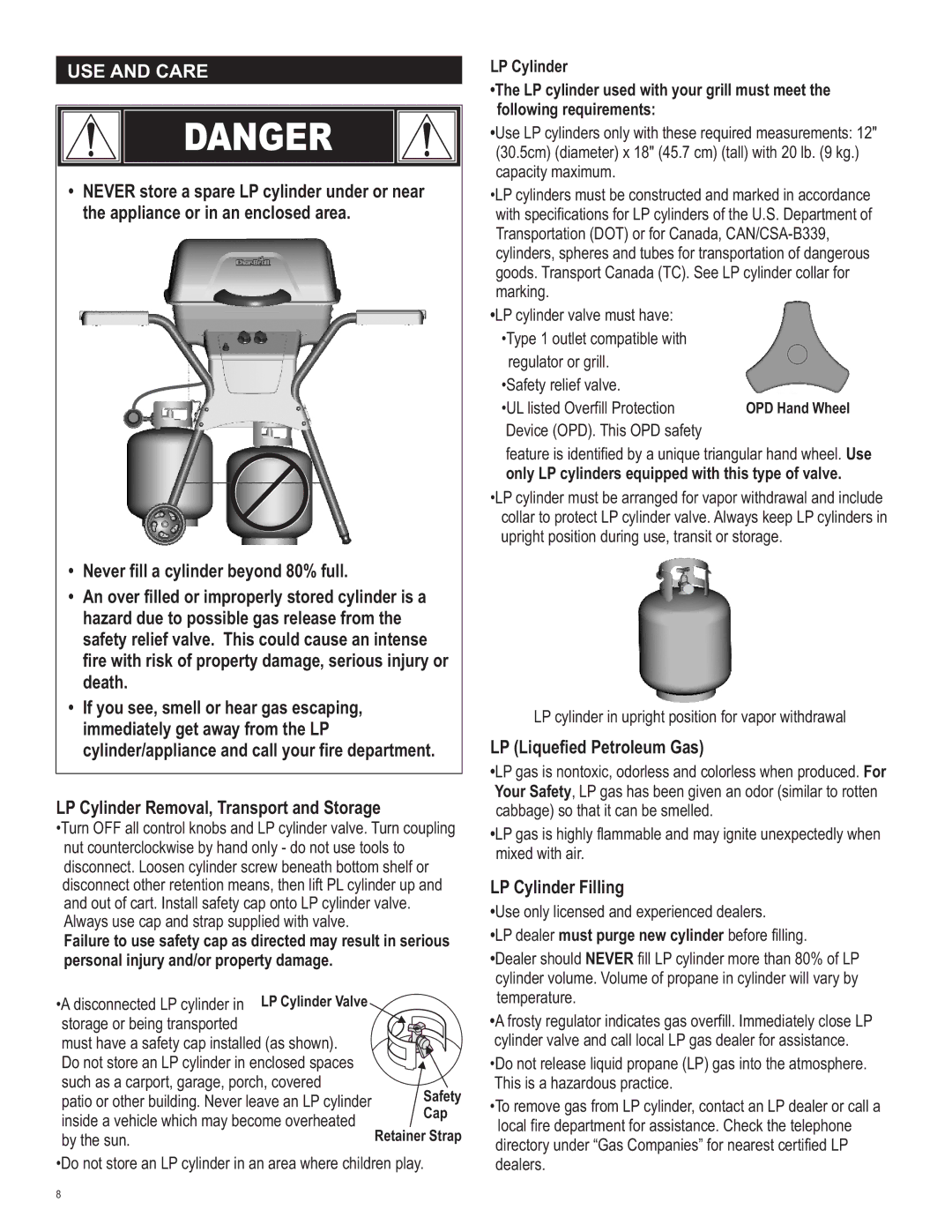 Char-Broil 463666512 manual USE and Care, LP Liquefied Petroleum Gas, LP Cylinder Filling, UL listed Overfill Protection 