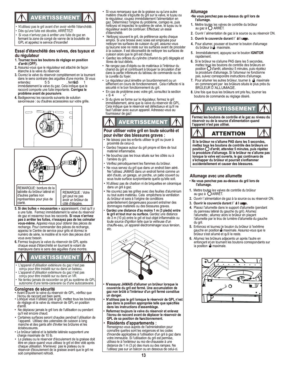 Char-Broil 463720114 manual Essai détanchéité des valves, des tuyaux et du régulateur, Consignes de sécurité, Allumage 