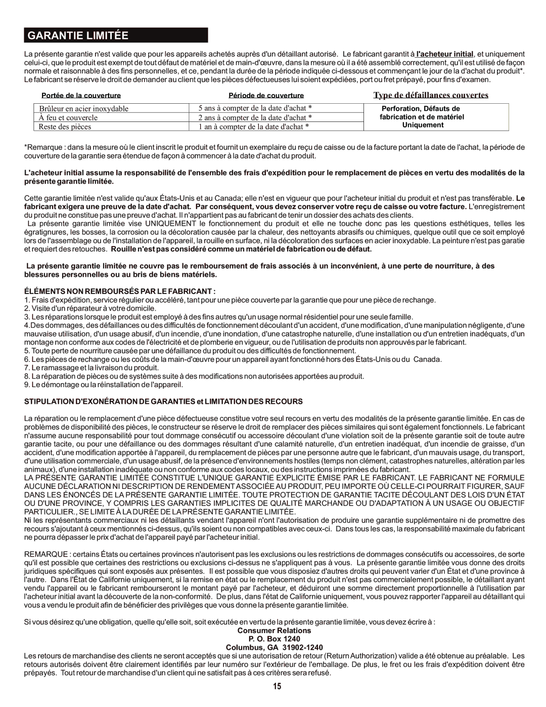 Char-Broil 463720114 manual Garantie Limitée, Éléments NON Remboursés PAR LE Fabricant 