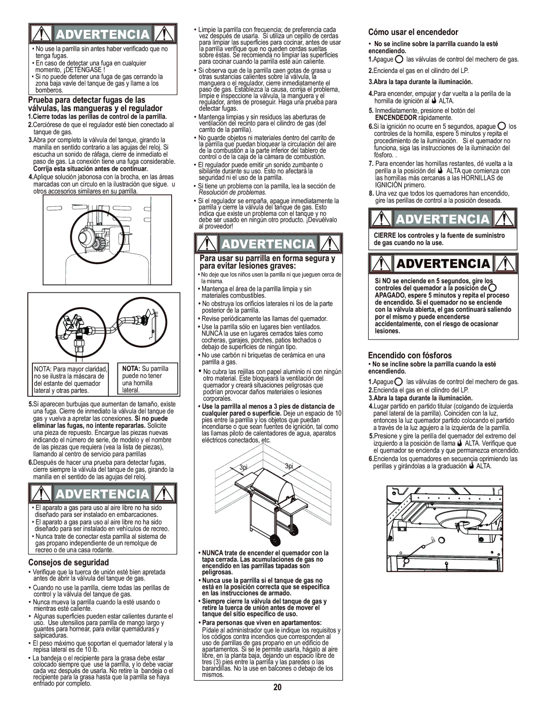 Char-Broil 463720114 manual Consejos de seguridad, Cómo usar el encendedor, Encendido con fósforos 