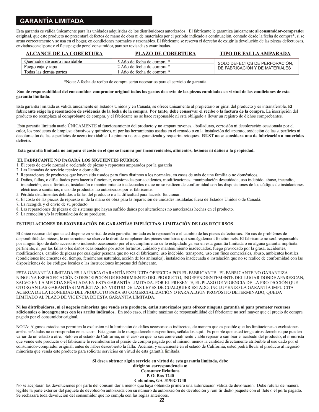 Char-Broil 463720114 manual Garantía Limitada, EL Fabricante no Pagará LOS Siguientes Rubros 