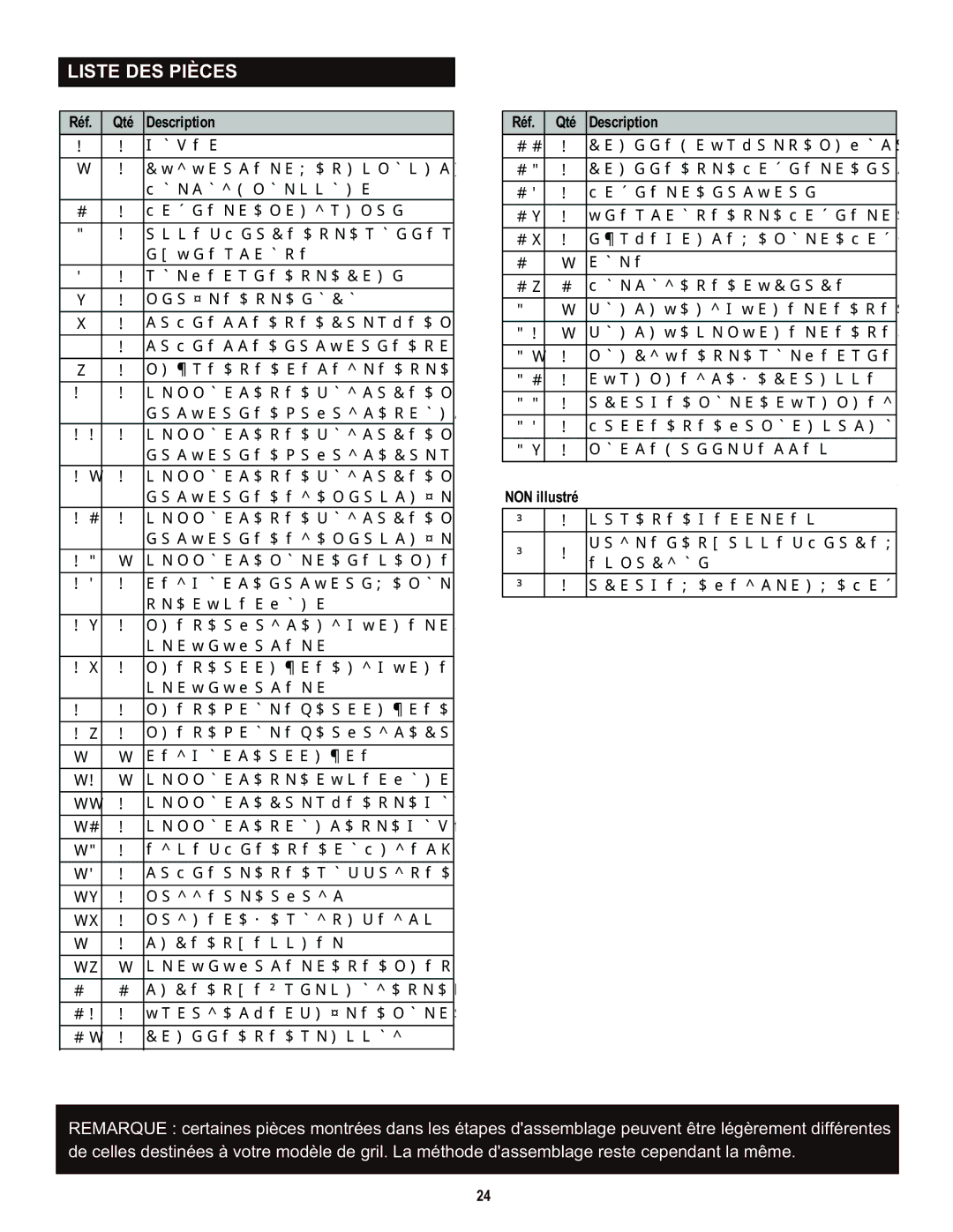 Char-Broil 463720114 manual Liste DES Pièces, Réf Qté Description, NON illustré 