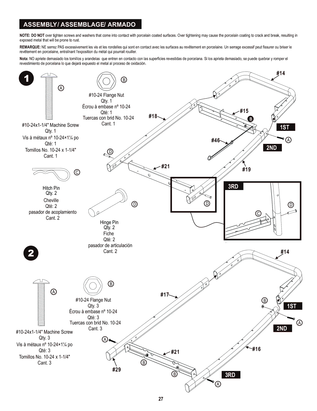 Char-Broil 463720114 manual ASSEMBLY/ ASSEMBLAGE/ Armado, 1ST, 2ND, 3RD 