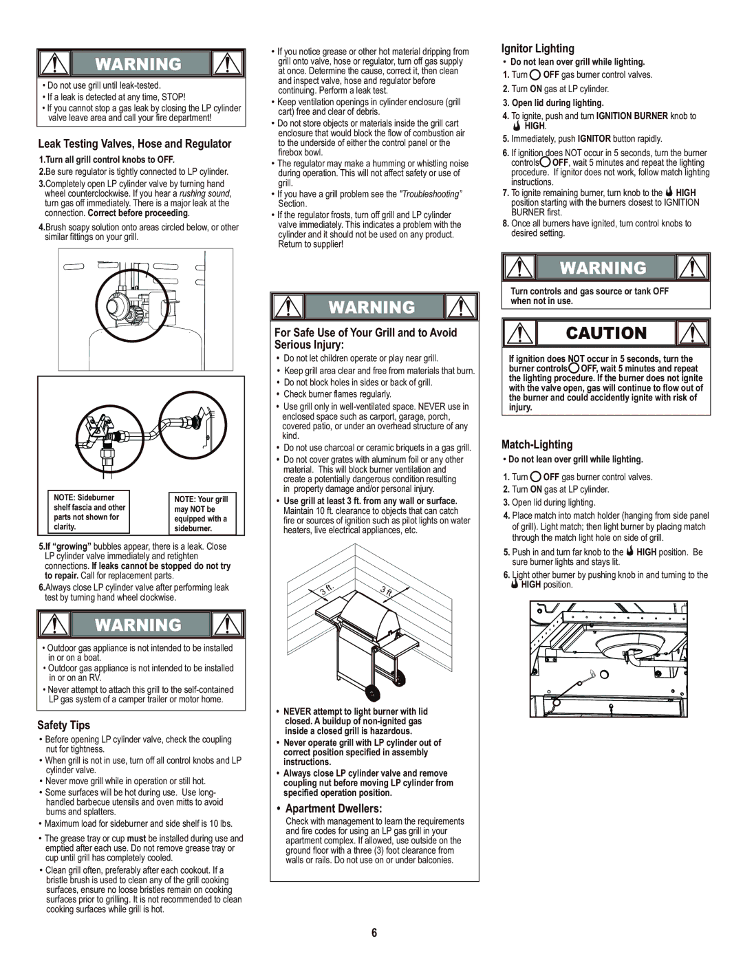 Char-Broil 463720114 manual Leak Testing Valves, Hose and Regulator, Ignitor Lighting, Safety Tips, Apartment Dwellers 