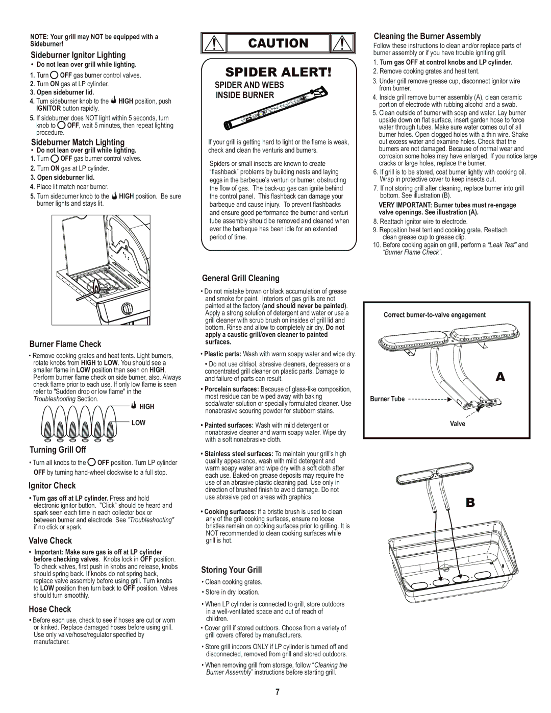 Char-Broil 463720114 Sideburner Ignitor Lighting, Sideburner Match Lighting, Cleaning the Burner Assembly, Ignitor Check 