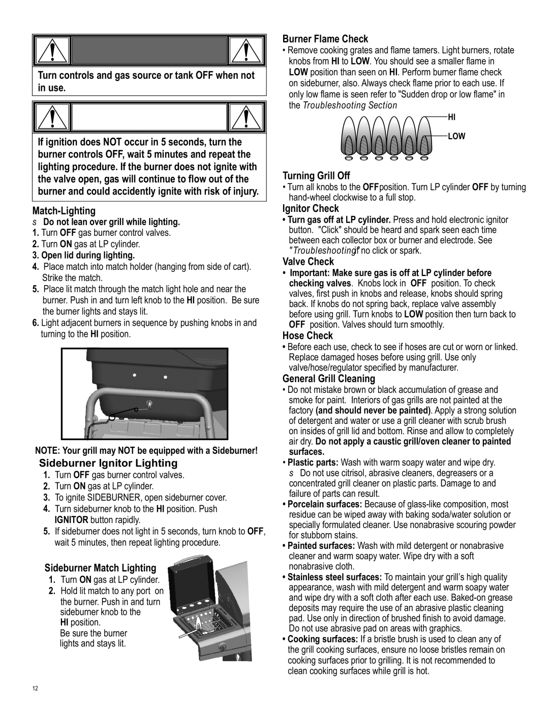 Char-Broil 463722312 manual Sideburner Ignitor Lighting, Sideburner Match Lighting, Burner Flame Check, Turning Grill Off 