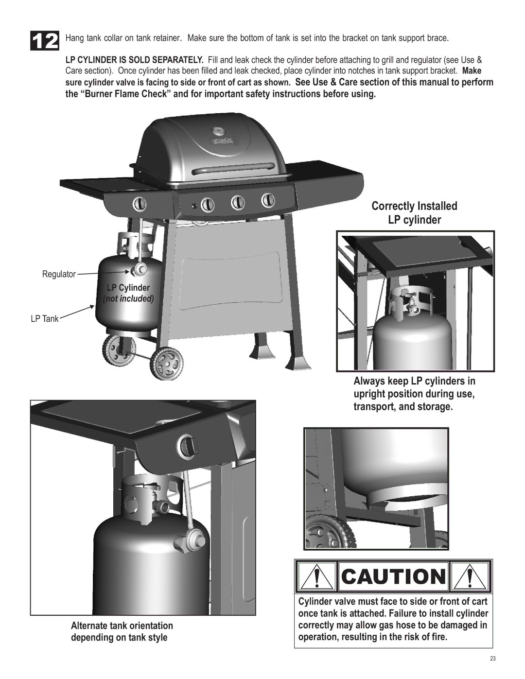 Char-Broil 463722312 manual Correctly Installed LP cylinder, Alternate tank orientation depending on tank style 