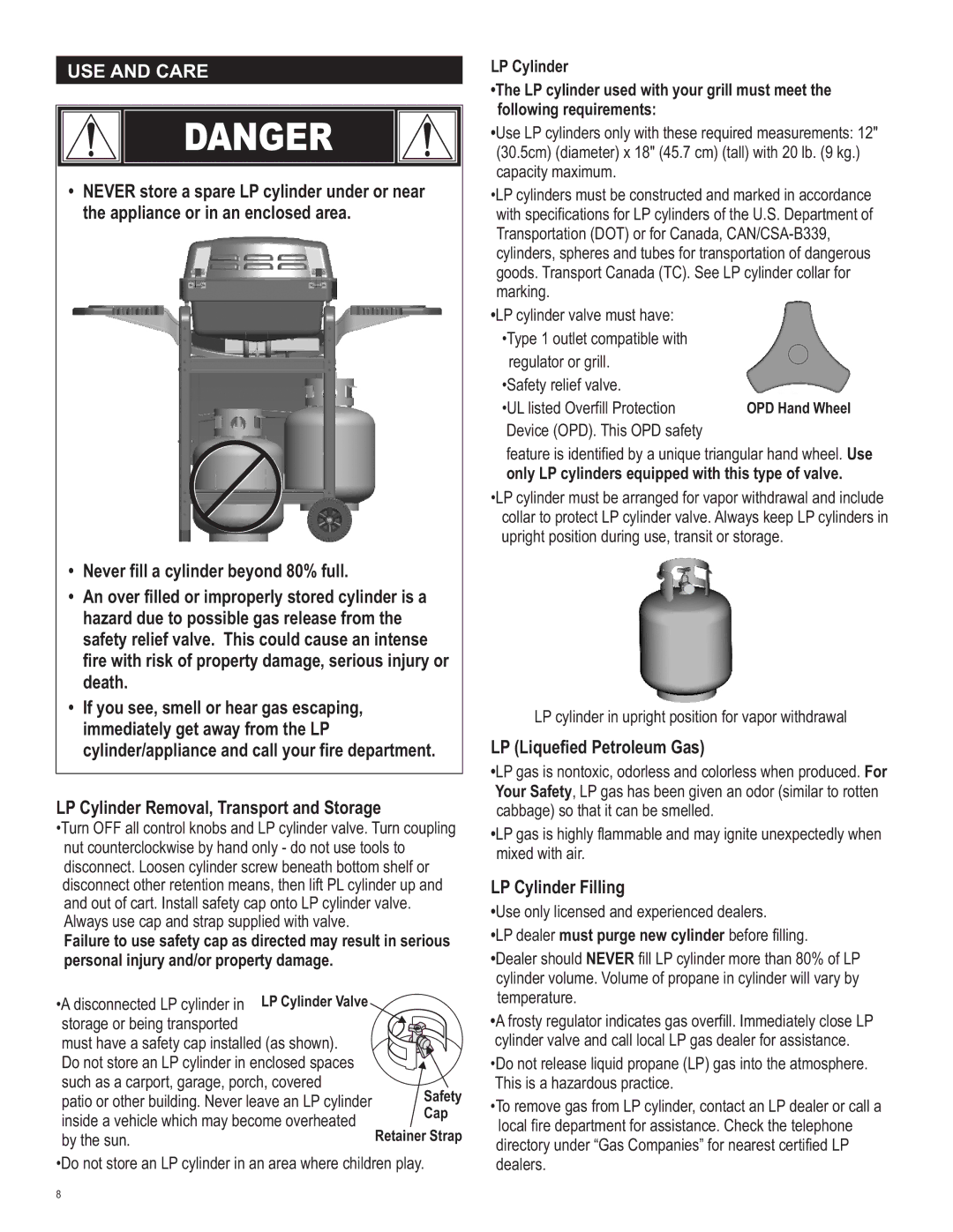 Char-Broil 463722312 manual USE and Care, LP Liquefied Petroleum Gas, LP Cylinder Filling, UL listed Overfill Protection 