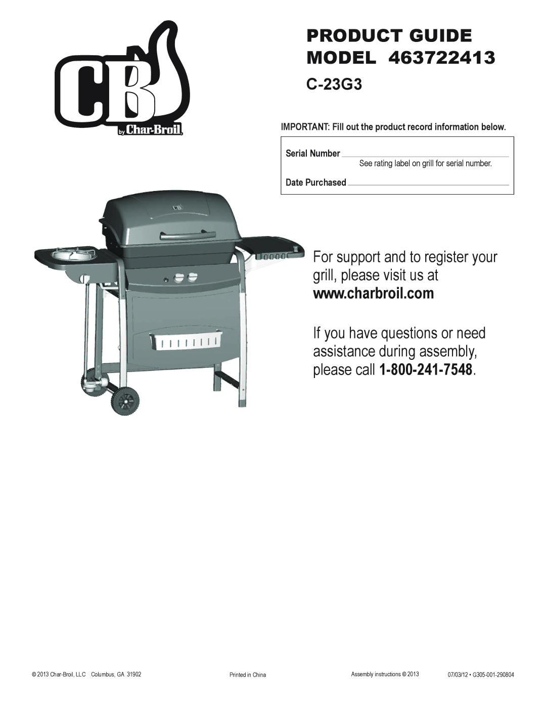 Char-Broil 463722413 manual Product Guide, Date Purchased 