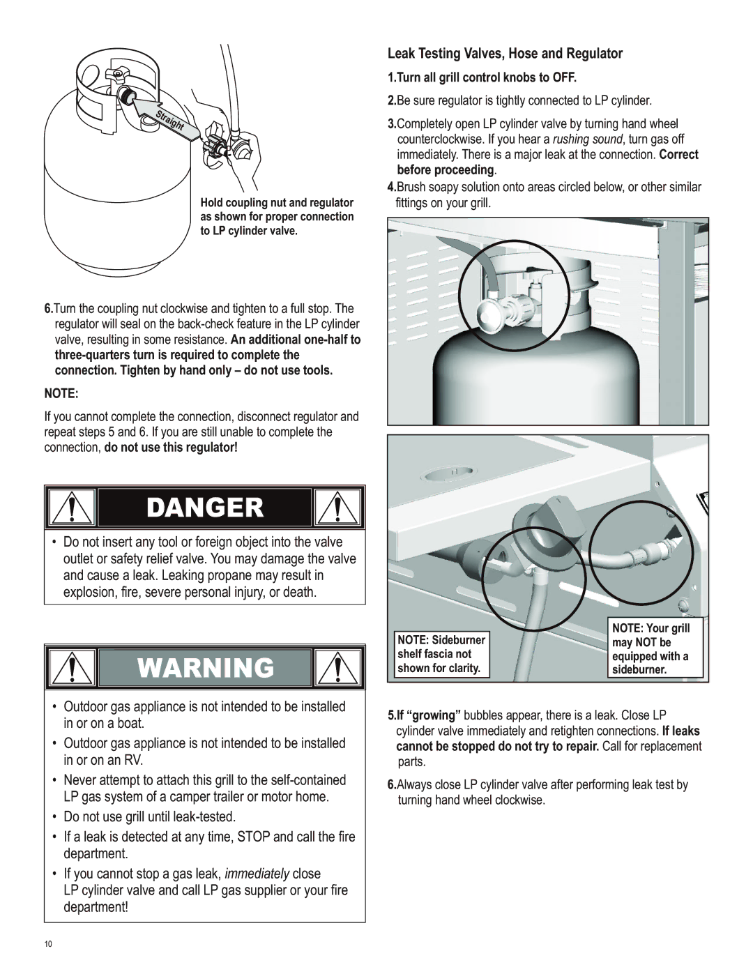 Char-Broil 463722413 manual Leak Testing Valves, Hose and Regulator, Connection, do not use this regulator 