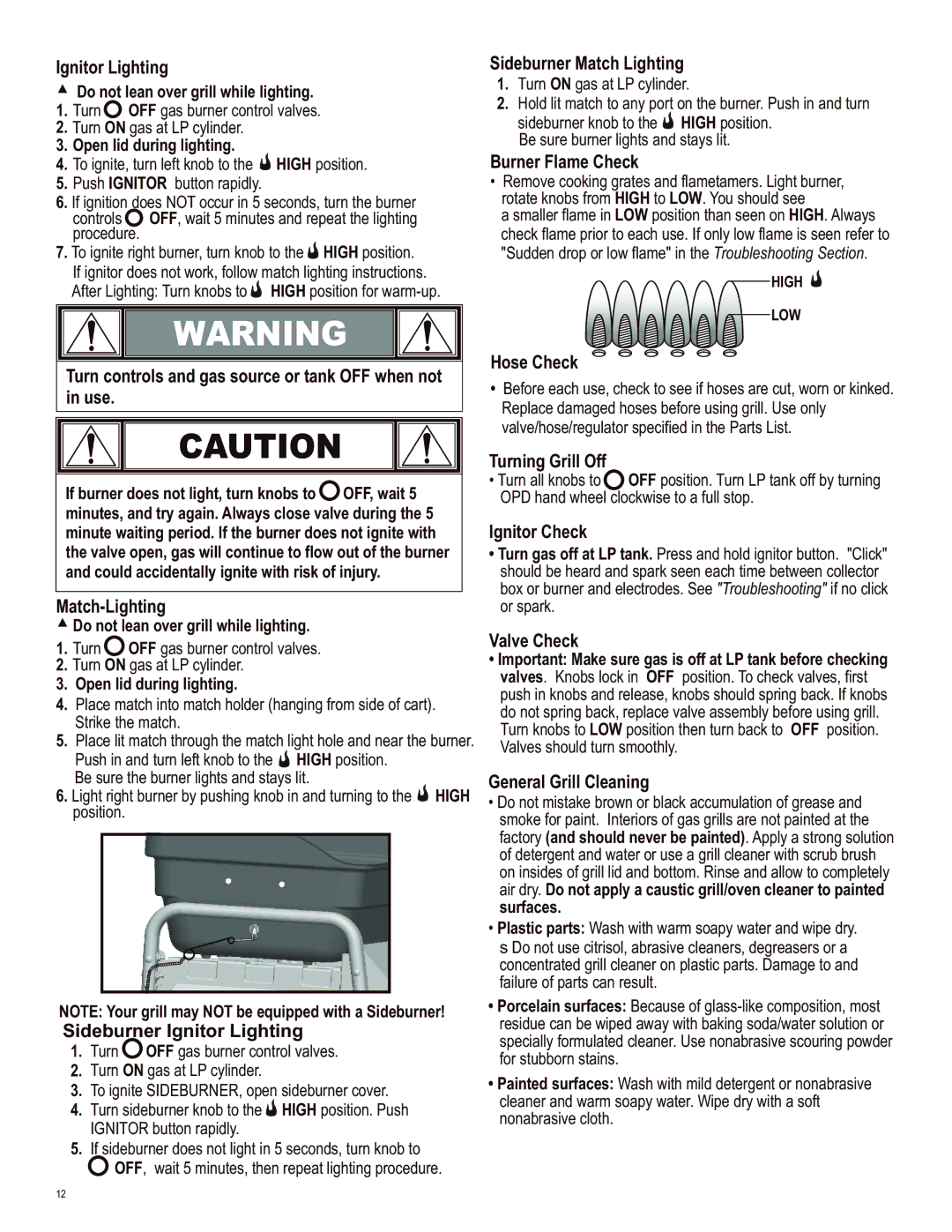 Char-Broil 463722413 Ignitor Lighting, Turn controls and gas source or tank OFF when not, Use, Match-Lighting, Hose Check 