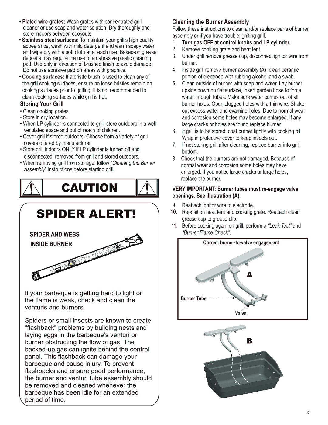 Char-Broil 463722413 manual Storing Your Grill, Cleaning the Burner Assembly, Turn gas OFF at control knobs and LP cylinder 