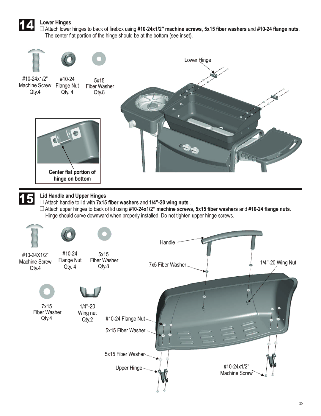 Char-Broil 463722413 manual Center flat portion, Lid Handle and Upper Hinges 