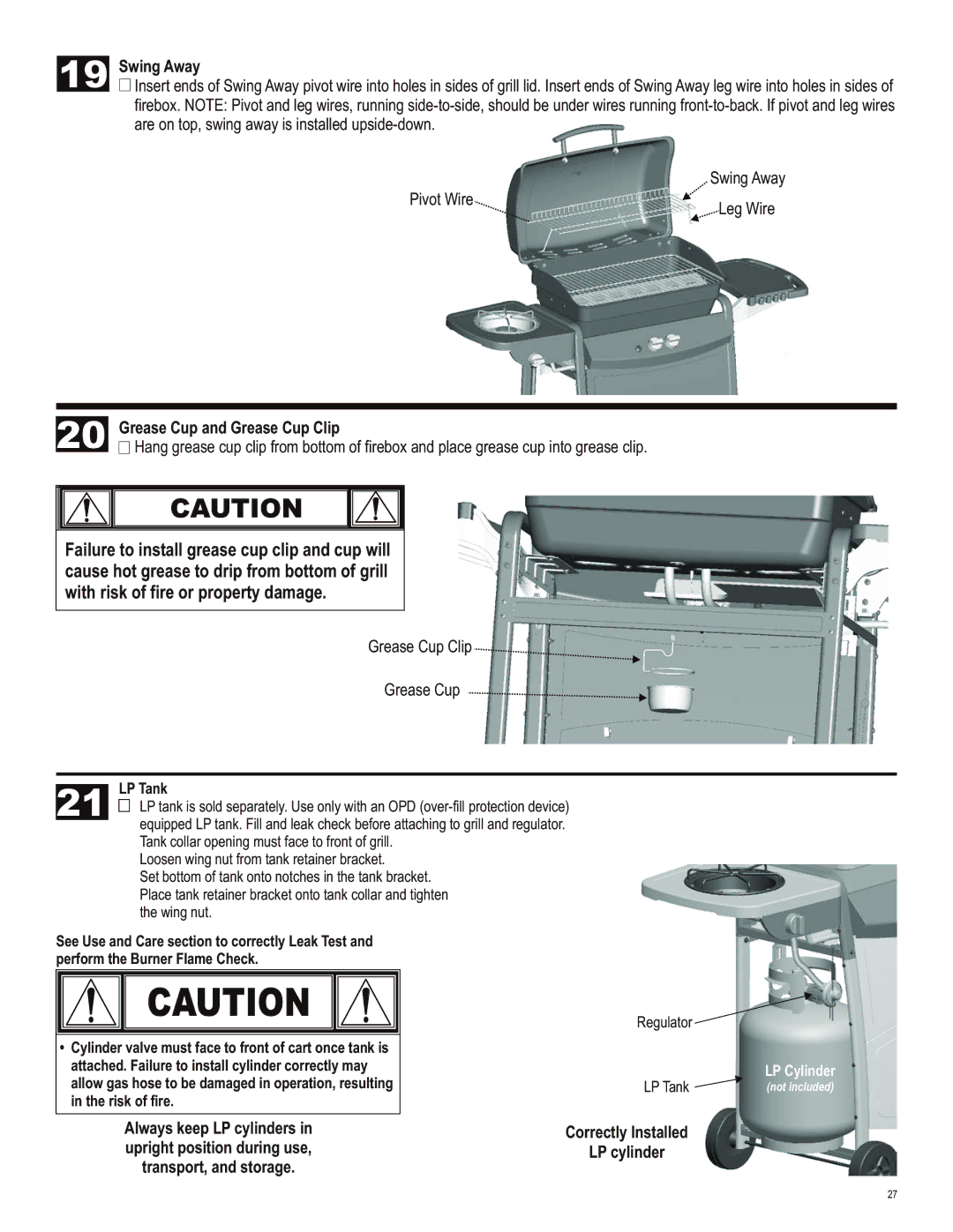 Char-Broil 463722413 manual Swing Away, Grease Cup and Grease Cup Clip, Correctly Installed LP cylinder 