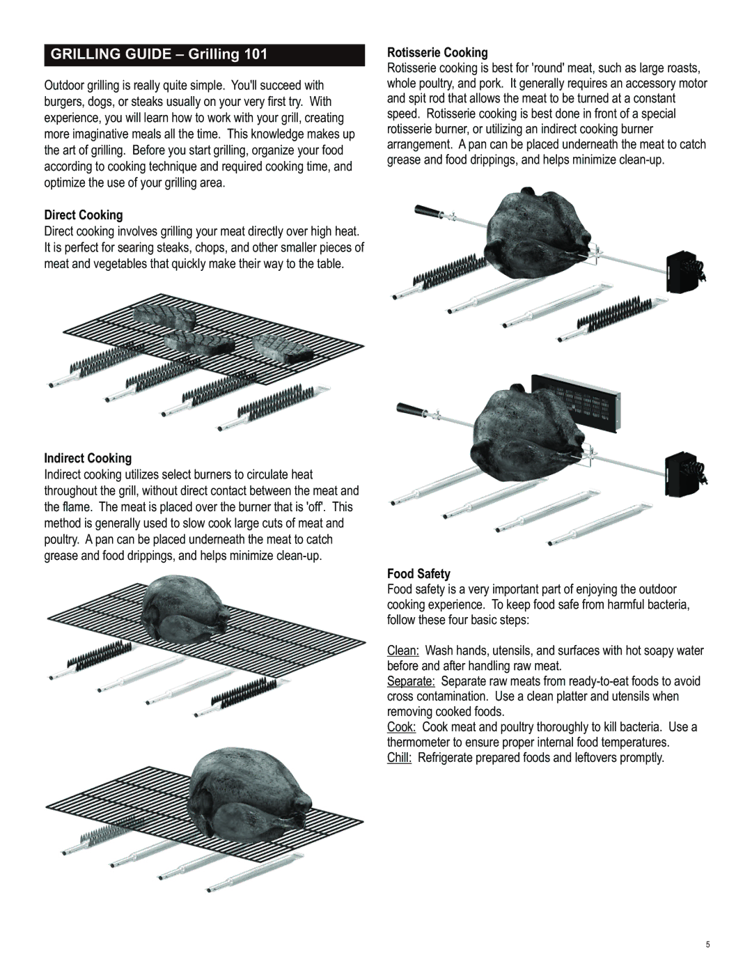 Char-Broil 463722413 manual Direct Cooking, Indirect Cooking, Rotisserie Cooking, Food Safety 