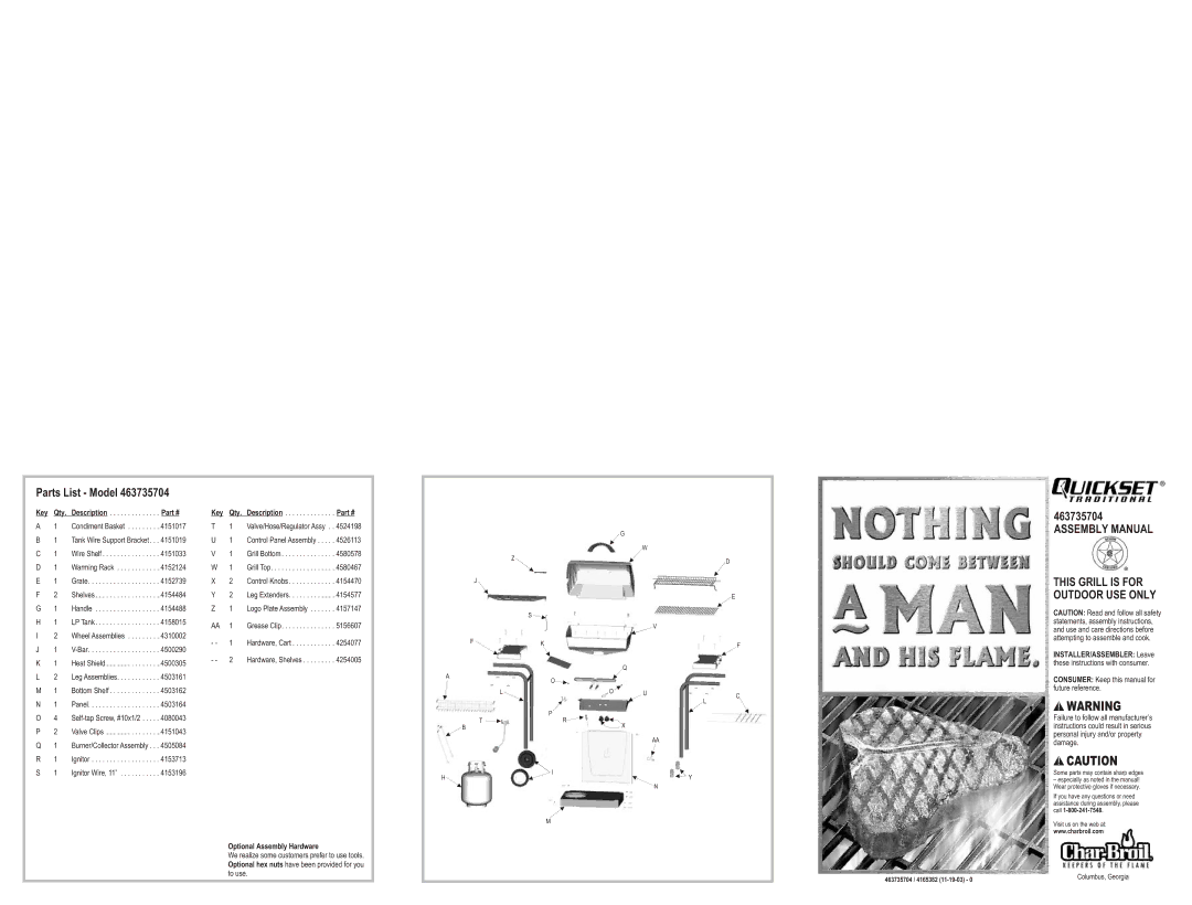 Char-Broil 463735704 manual Parts List Model, Assembly Manual This Grill is for Outdoor USE only, Key Qty 