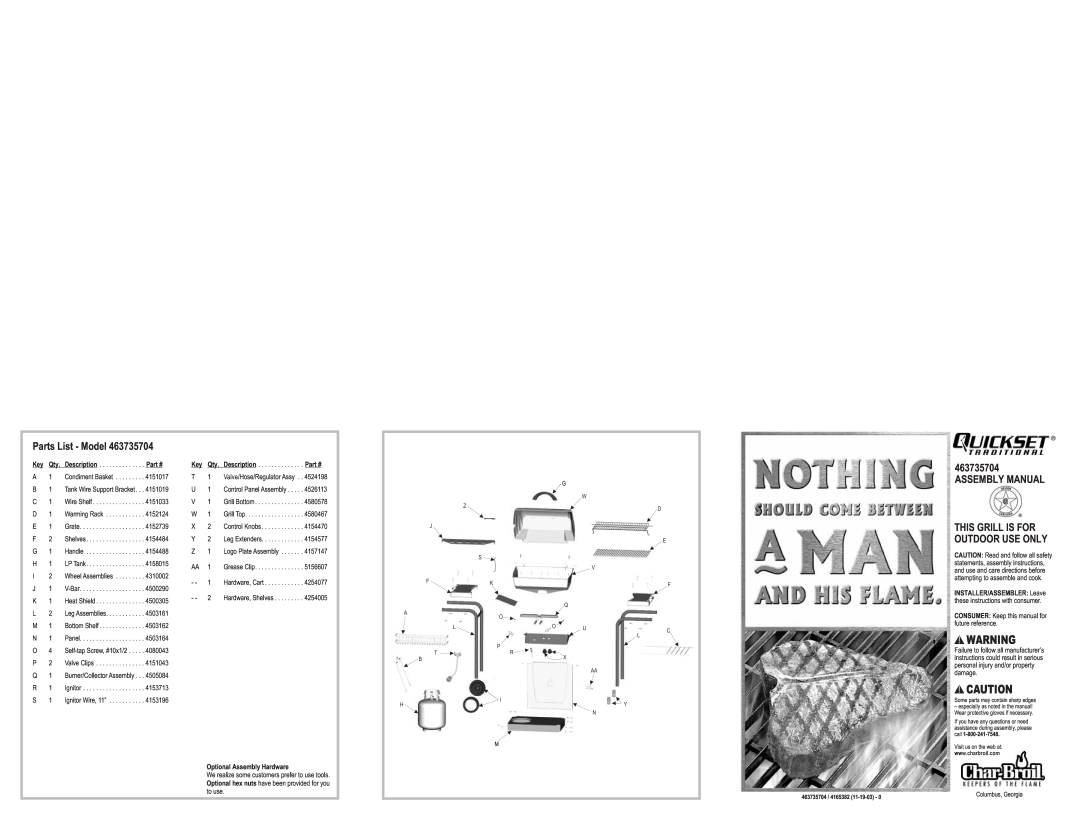 Char-Broil 463735704 manual Parts List - Model, Assembly Manual This Grill Is For, Outdoor Use Only 