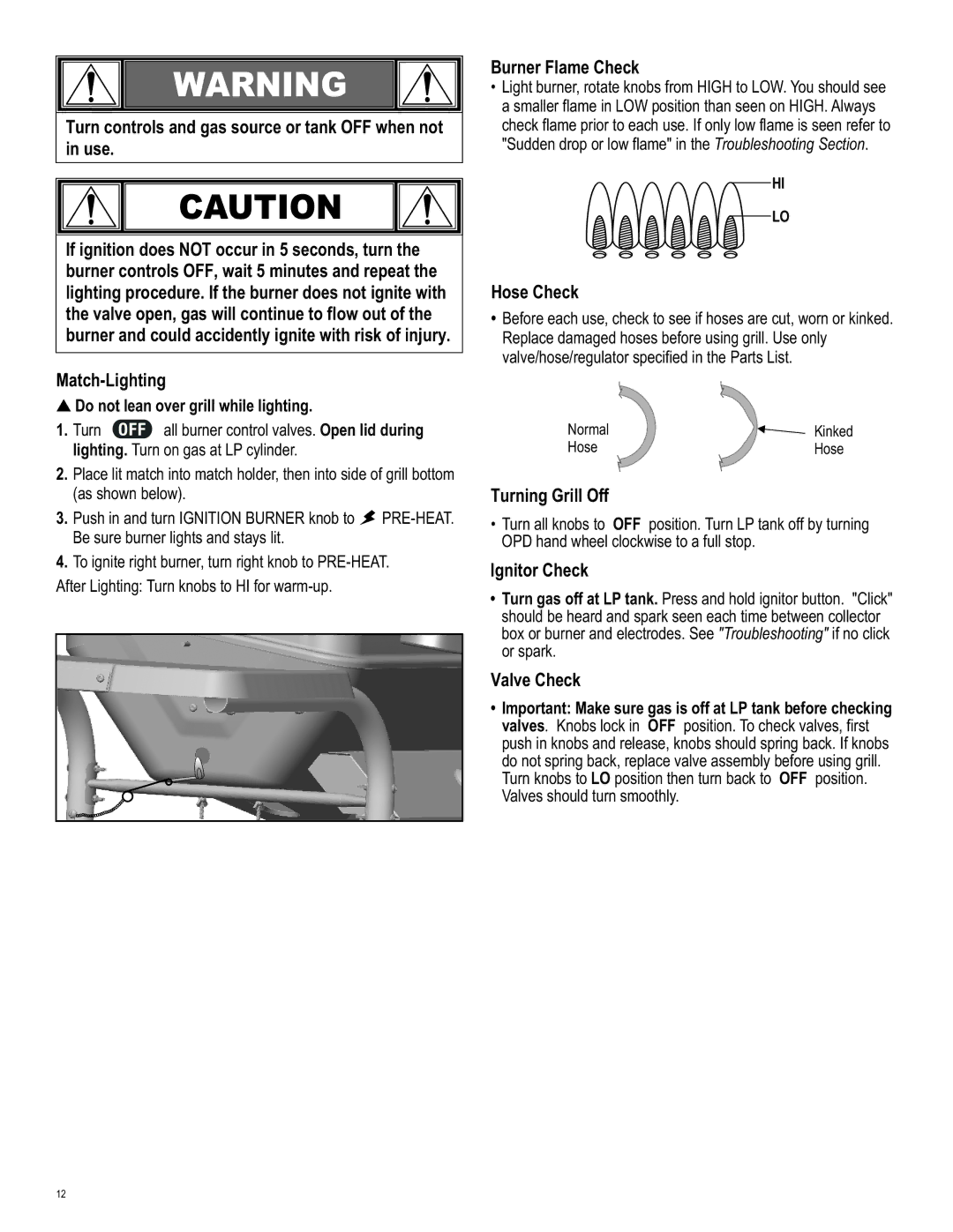 Char-Broil 463741209 manual Burner Flame Check, Hose Check, Turning Grill Off, Ignitor Check, Valve Check 