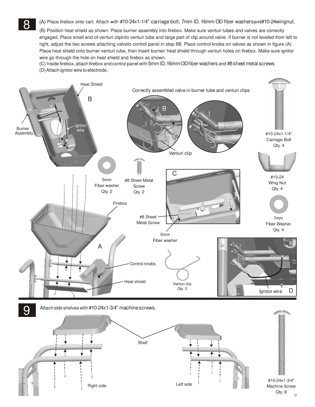 Char-Broil 463741209 manual Attach side shelves with #10-24x1-3/4 machine screws 