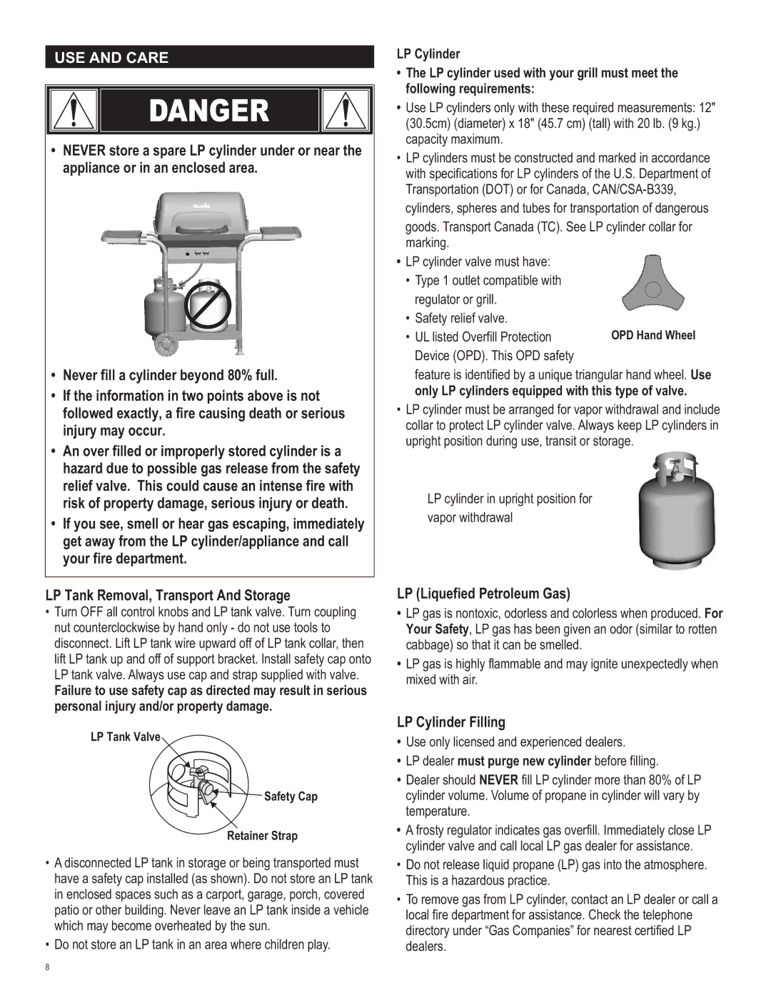 Char-Broil 463741209 manual LP Liquefied Petroleum Gas, LP Cylinder Filling, UL listed Overfill Protection 