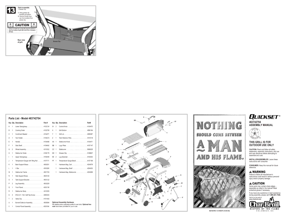 Char-Broil 463742704 manual Parts List Model, Assembly Manual This Grill is for Outdoor USE only, Rear view Grill 