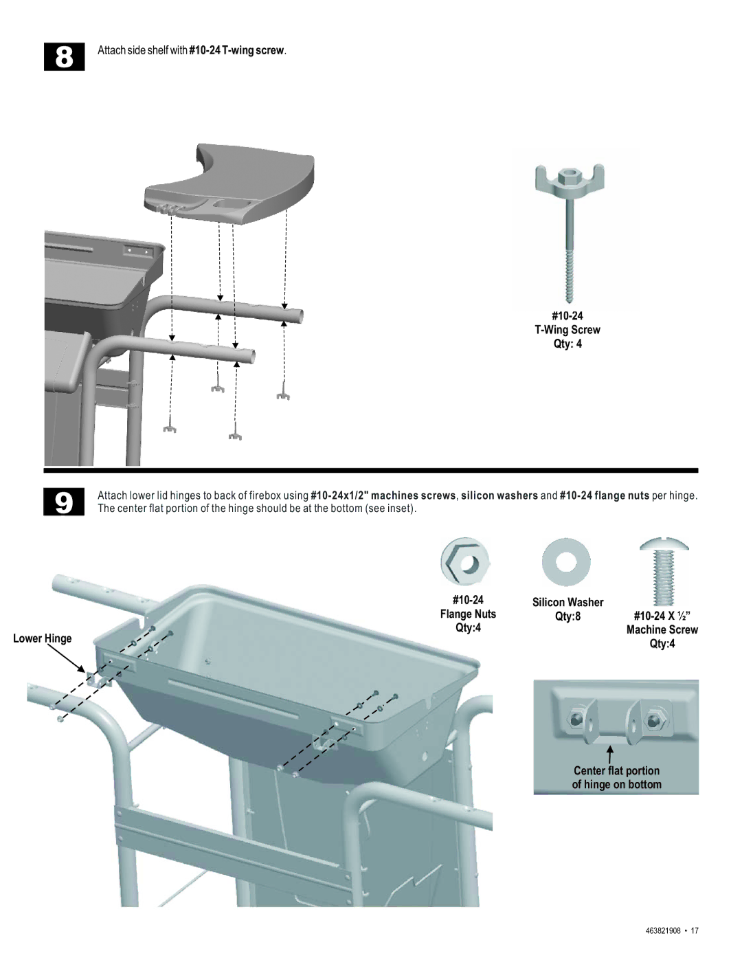 Char-Broil 463821908 manual #10-24 Wing Screw Qty, Flange Nuts Qty8 #10-24 X ½ Qty4 Machine Screw Lower Hinge 