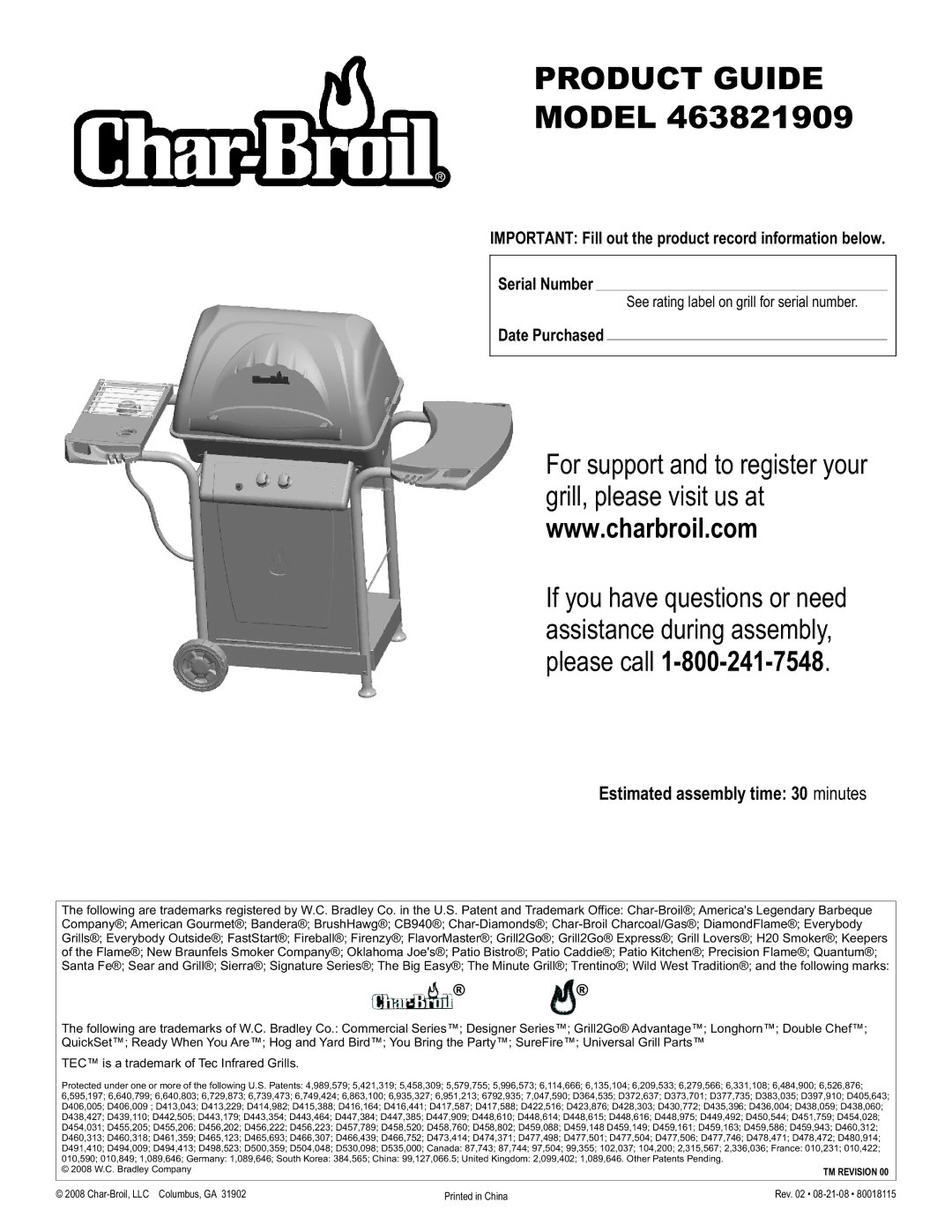 Char-Broil 463821909 manual Estimated assembly time 30 minutes, Date Purchased 