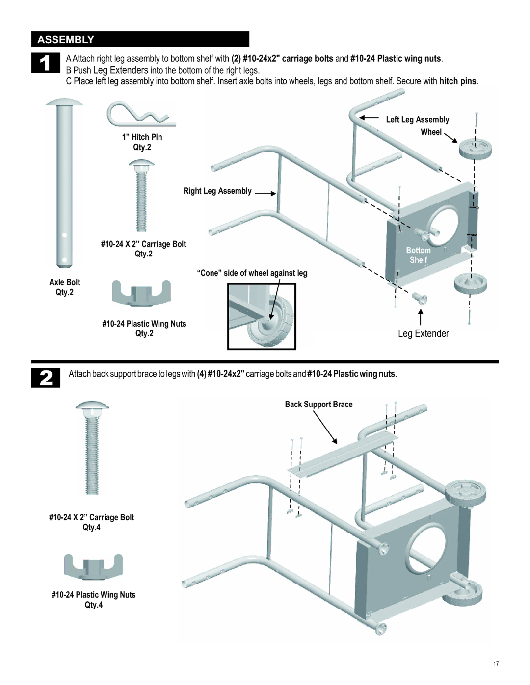 Char-Broil 463821909 manual Assembly, Leg Extender, Cone side of wheel against leg Axle Bolt Qty.2 