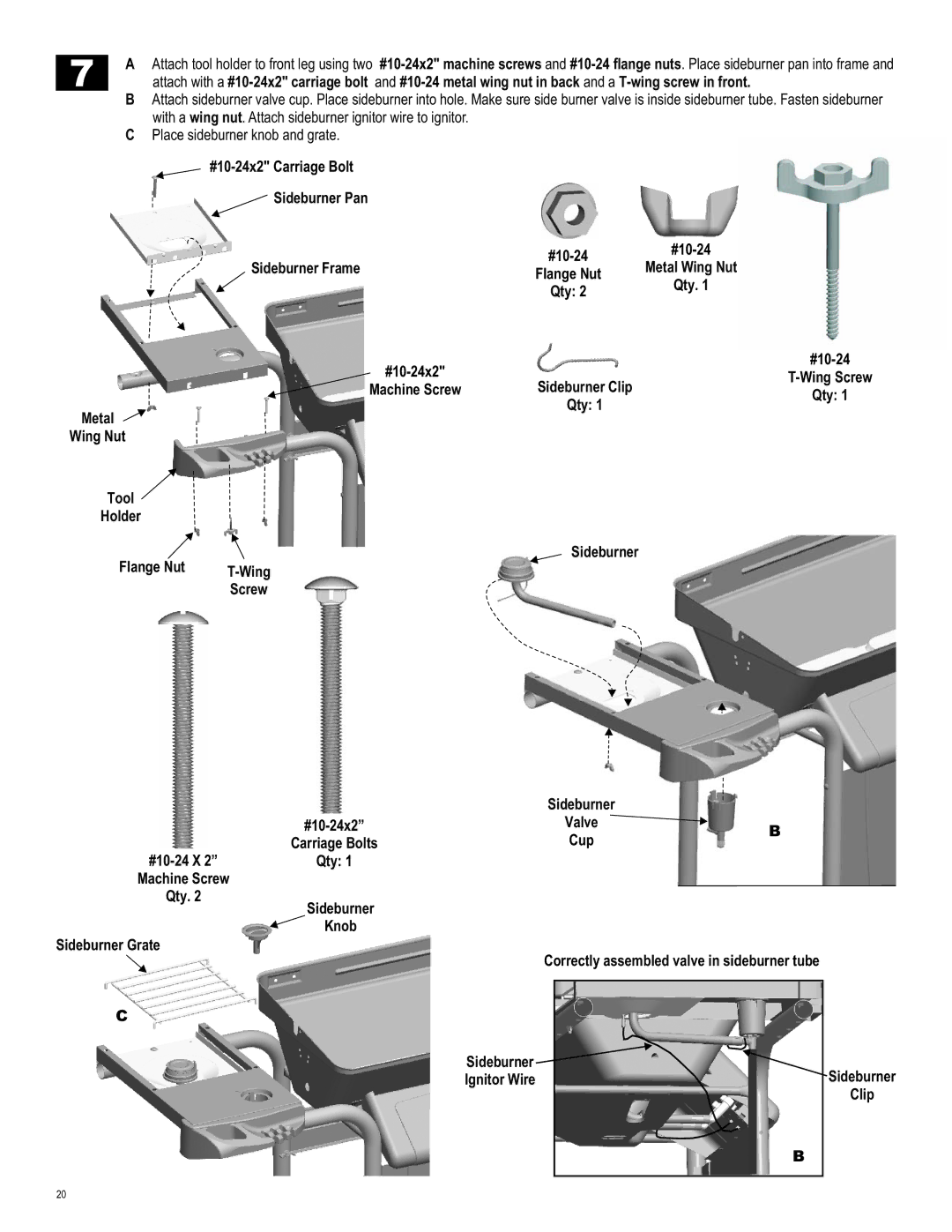 Char-Broil 463821909 manual Qty #10-24x2, Wing Screw, #10-24x2 Valve Carriage Bolts #10-24 X, Qty Machine Screw 