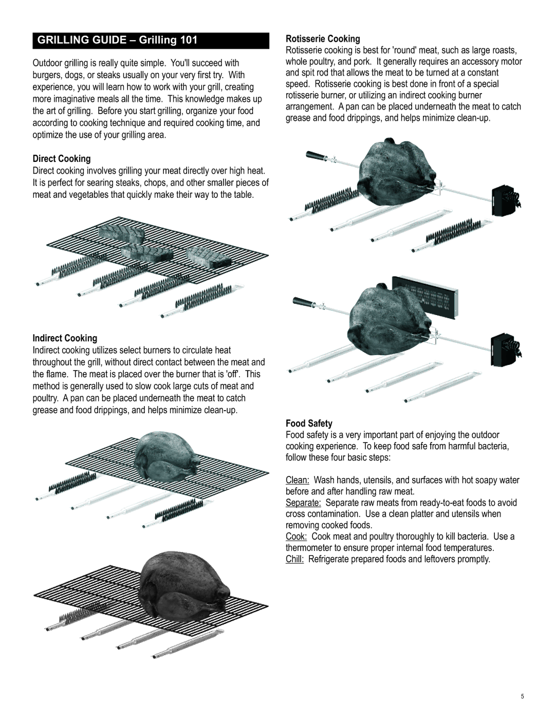 Char-Broil 463821909 manual Direct Cooking, Indirect Cooking, Rotisserie Cooking, Food Safety 