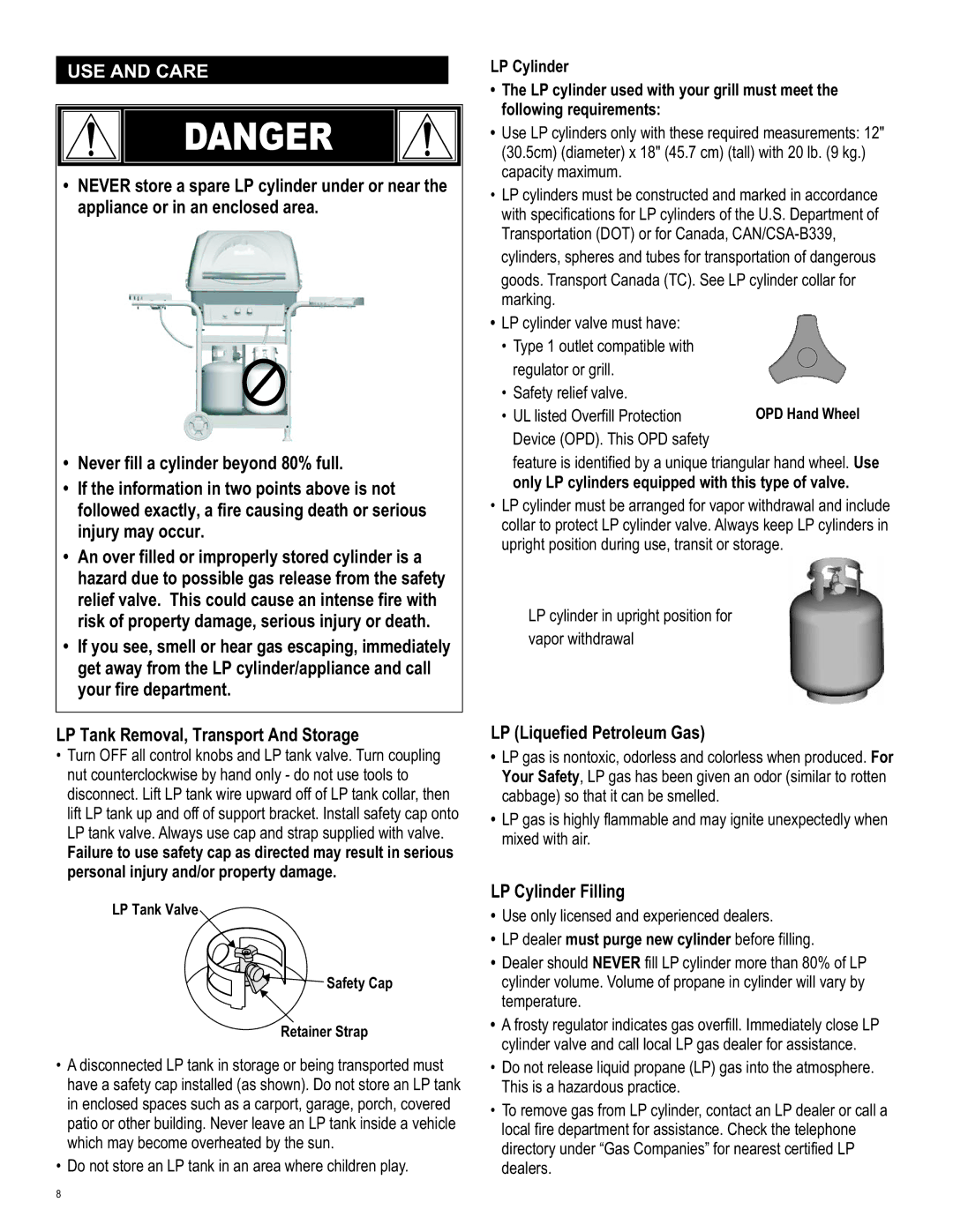 Char-Broil 463821909 manual USE and Care, LP Liquefied Petroleum Gas, LP Cylinder Filling, UL listed Overfill Protection 