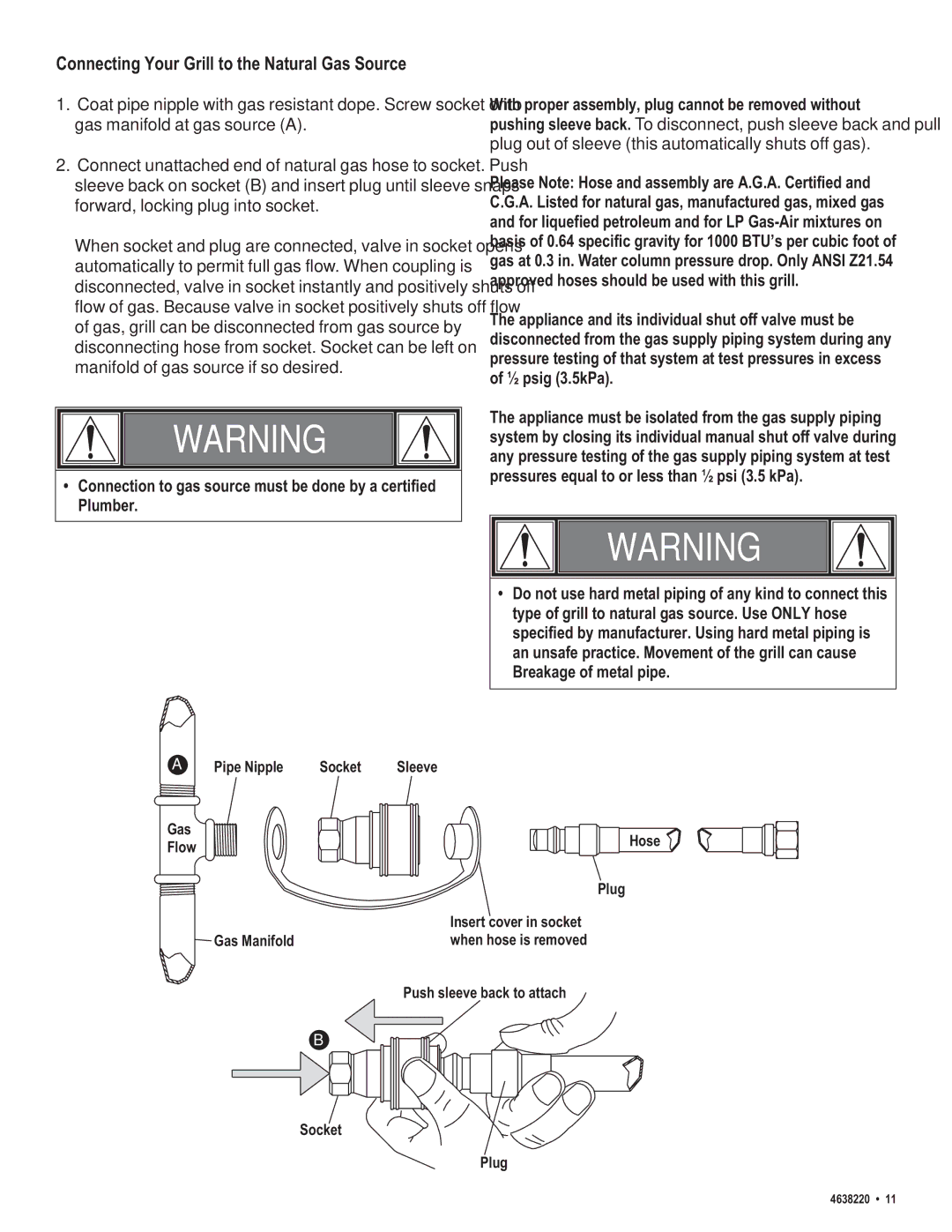 Char-Broil 4638220 manual Connecting Your Grill to the Natural Gas Source 