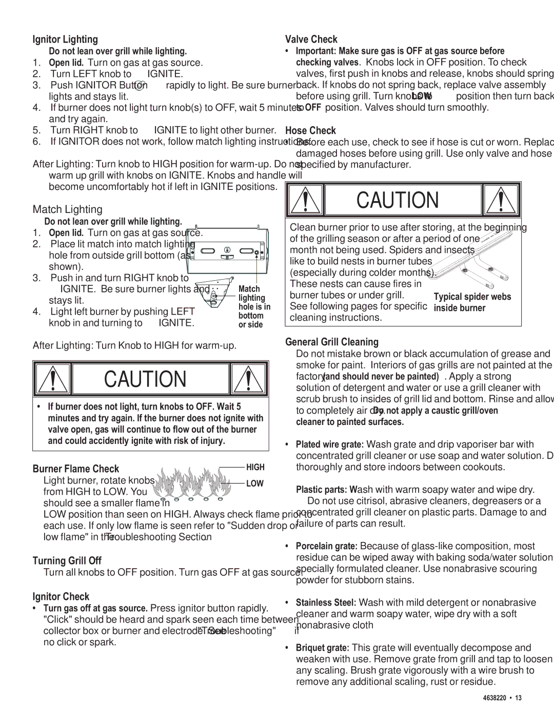 Char-Broil 4638220 manual Ignitor Lighting, Burner Flame Check, Turning Grill Off, Ignitor Check, Valve Check, Hose Check 