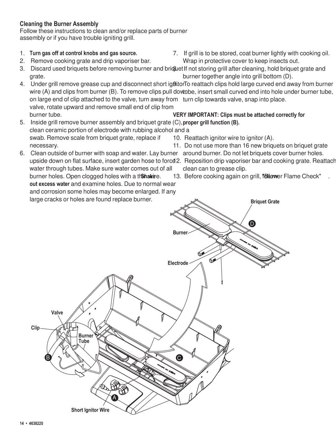 Char-Broil 4638220 manual Cleaning the Burner Assembly, Turn gas off at control knobs and gas source 