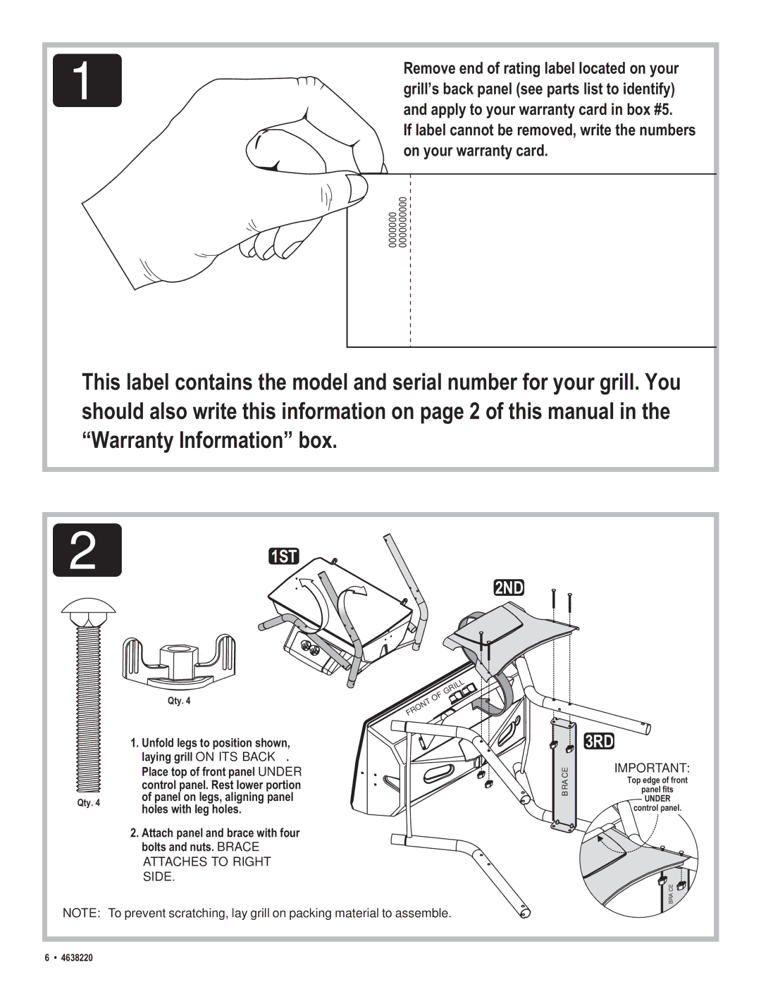 Char-Broil 4638220 manual 2ND, If label cannot be removed, write the numbers 