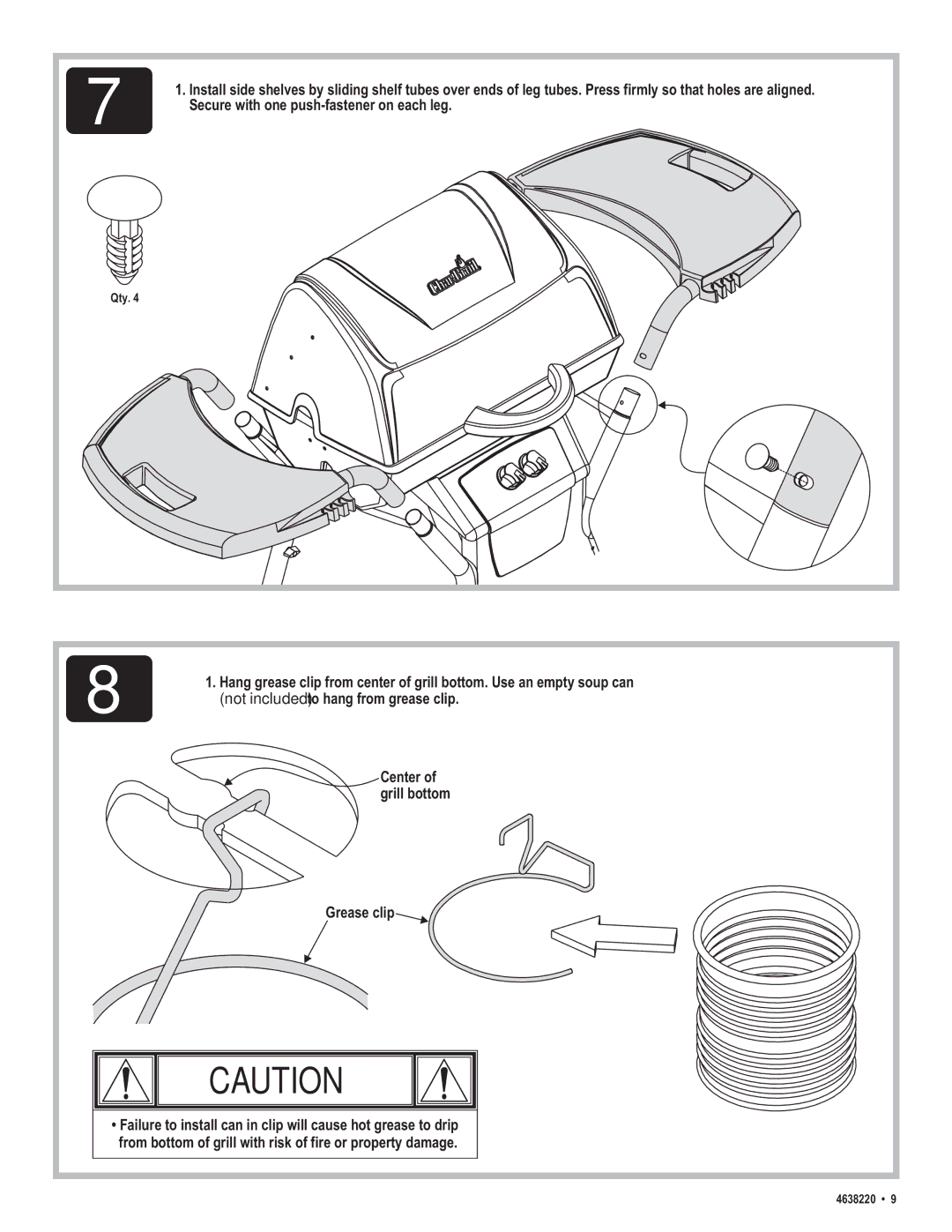 Char-Broil 4638220 manual Not included to hang from grease clip 