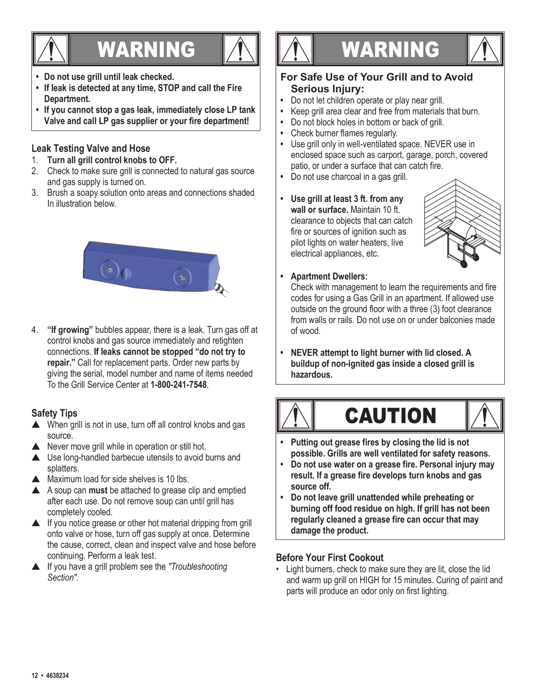 Char-Broil 4638232 manual Leak Testing Valve and Hose, For Safe Use of Your Grill and to Avoid Serious Injury, Safety Tips 