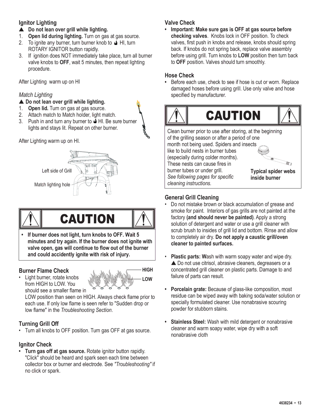 Char-Broil 4638232 manual Ignitor Lighting, Valve Check, Hose Check, Burner Flame Check, Turning Grill Off, Ignitor Check 