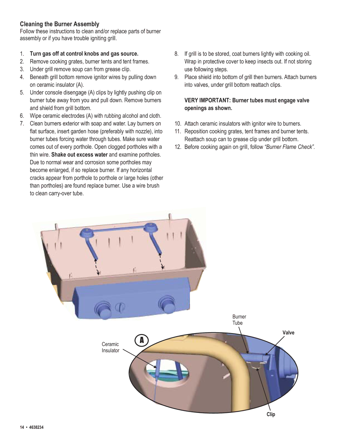 Char-Broil 4638232 manual Cleaning the Burner Assembly, Turn gas off at control knobs and gas source 