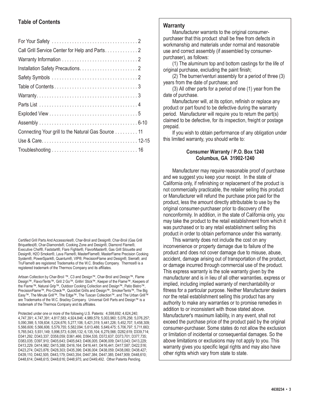 Char-Broil 4638232 manual Table of Contents, Warranty 