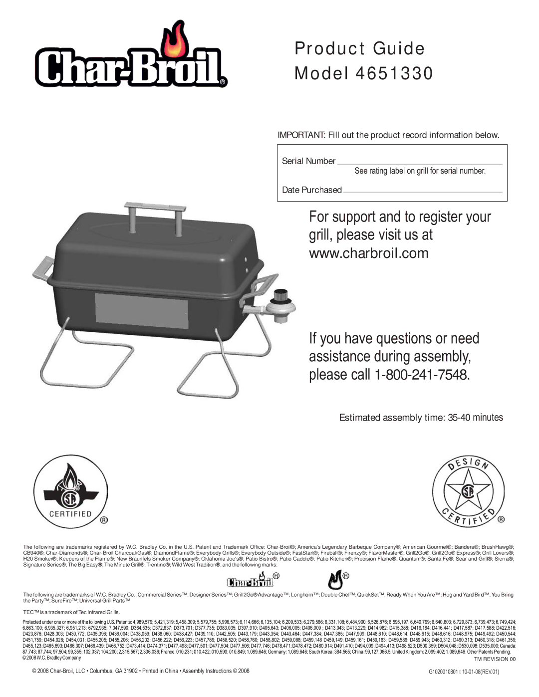 Char-Broil 4651330 manual Product Guide Model, Estimated assembly time 35-40 minutes 