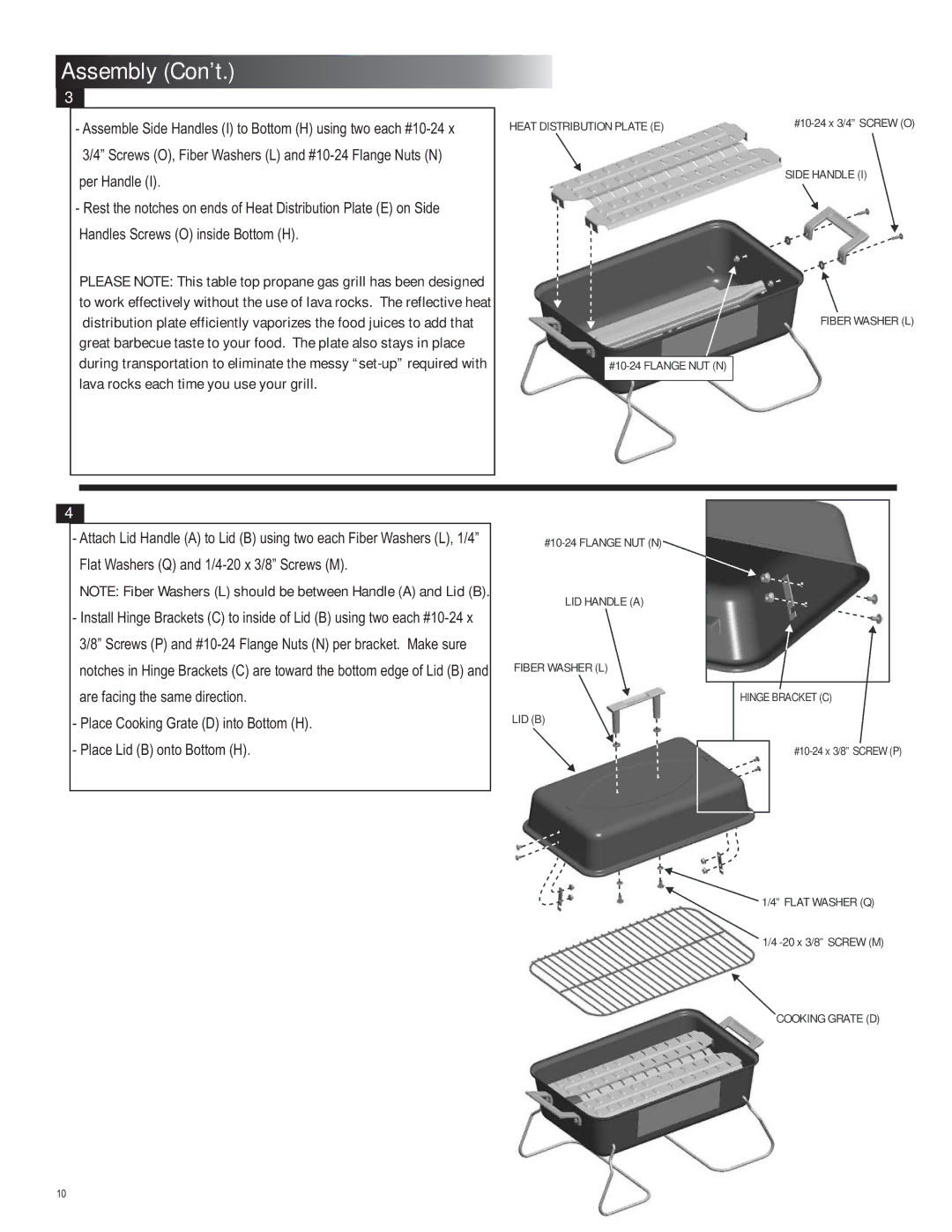 Char-Broil 4651330 manual Assembly Con’t 